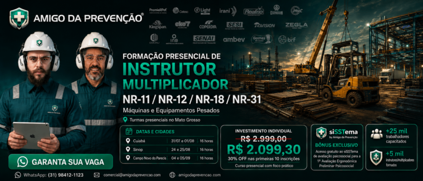 Formação presencial NR-11 / 12 / 18 / 31 — Instrutor Máquinas e Equipamentos Pesados